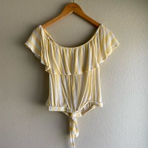 Hem & Thread off the shoulder yellow and white top